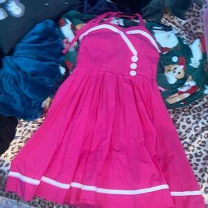 50s style retro pink halter dress w/ white trim (s: S)